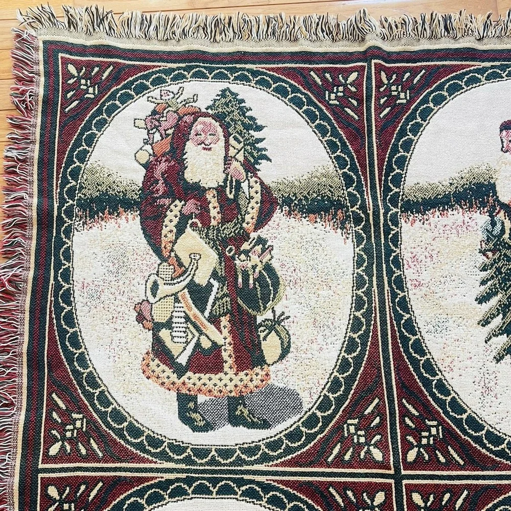 Vtg Tapestry Throw Blanket Christmas Mr‎ Santa Claus Cotton 50x60 READ